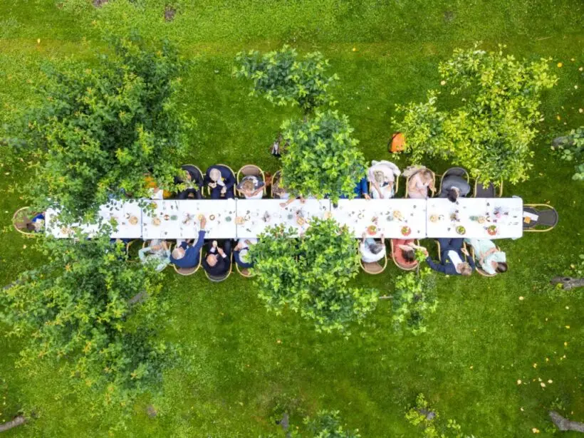 Drone foto Lunch in een boomgaard